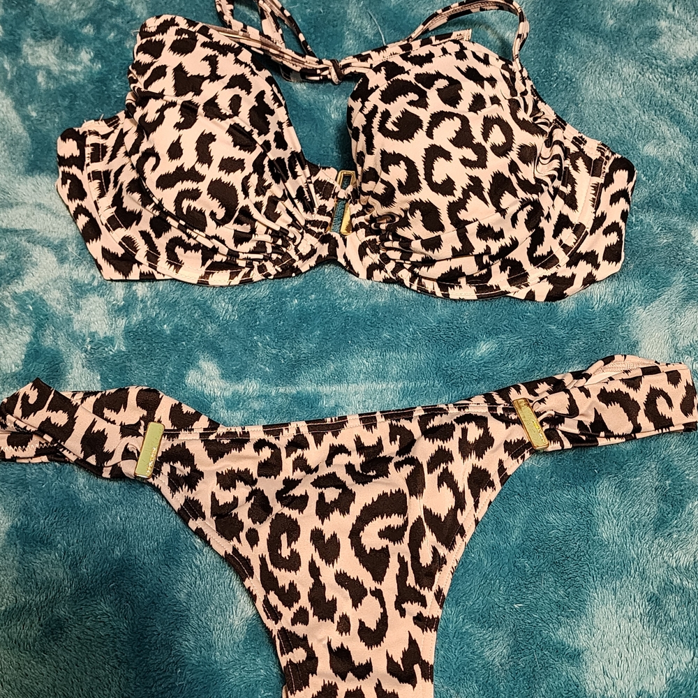 Victoria's Secret Leopard Print Bikini - Black and Cream